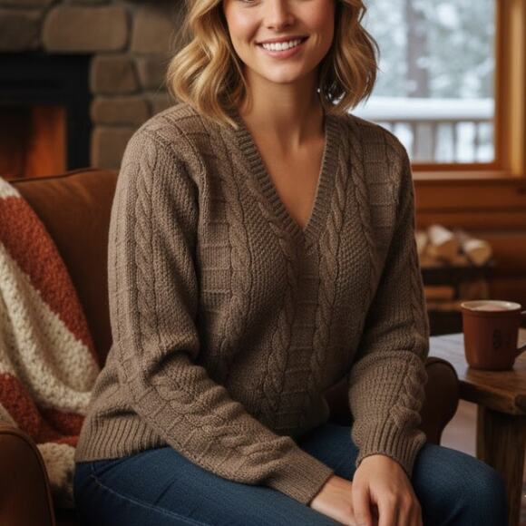 Brooks Brothers Chunky Cable Knit Sweater 100% Wool Taupe V Neck Women S Vintage - Picture 1 of 10